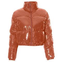 Long sleeve turnover collar zip-up PU leather top