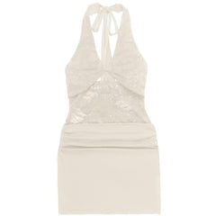 Halter self tie hollow out lace ruched cut out mini dress
