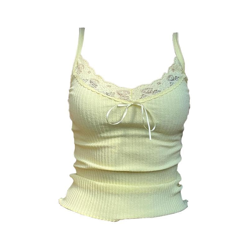 V neck bowknot lace hem ribbed cami top