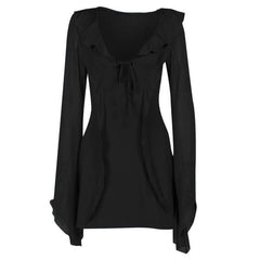 Ruffle long flared sleeve self tie chiffon solid mini dress-final-sale