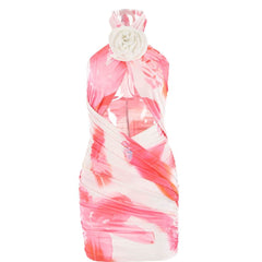 Flower applique cross front ruched contrast self tie mini dress-final-sale