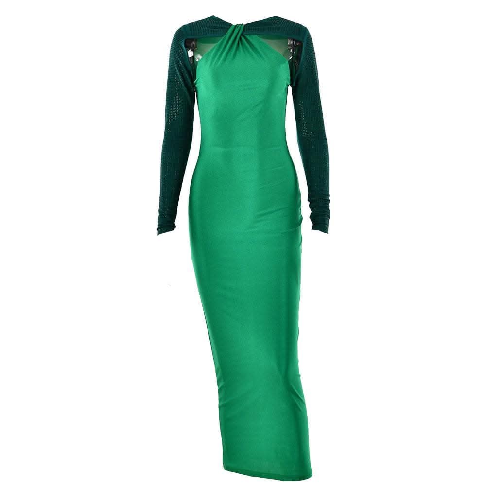 Long sleeve beaded zip-up hollow out patchwork cut out maxi dress-final-sale