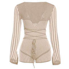 Slit long sleeve deep V neck striped self tie romper