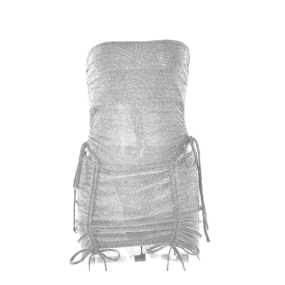 Drawstring textured backless solid bodysuit mini skirt set-final-sale