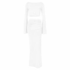 Long flared sleeve slit ruched hollow out maxi skirt set