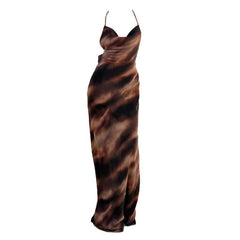 Cowl neck sheer mesh print spaghetti strap maxi dress