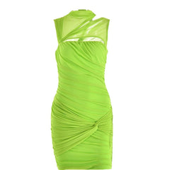 Sleeveless irregular hollow out mesh knotted ruched cut out mini dress-final-sale