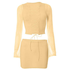 Long sleeve hollow out lace up mesh mini skirt set-final-sale