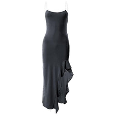 Irregular ruffle backless solid u neck cami maxi dress-final-sale
