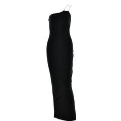 Metal chain one shoulder solid slit maxi dress-final-sale