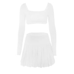Long sleeve square neck ruched solid mini skirt set