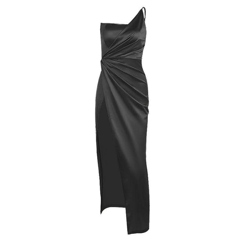 Sleeveless solid satin slit one shoulder ruched backless midi dress-final-sale