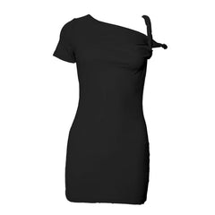 Short sleeve one shoulder ruched solid mini dress-final-sale