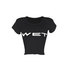 Short sleeve “WETâ€?ruffle u neck top