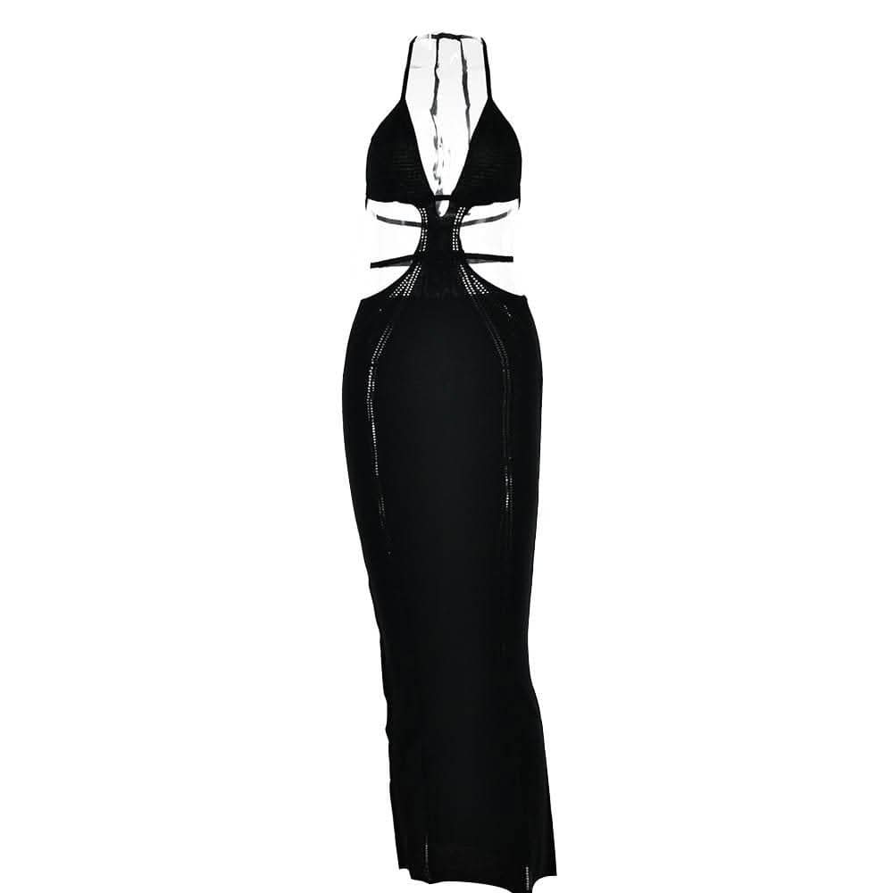 Hollow out self tie halter backless solid cut out maxi dress-final-sale