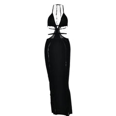 Hollow out self tie halter backless solid cut out maxi dress-final-sale