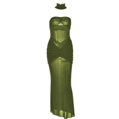 Sweetheart neck ruched see through glitter tube maxi dress