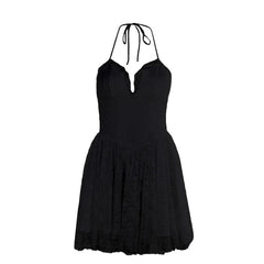 Halter lace up stitch lace backless mini dress