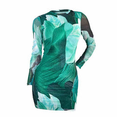 Long sleeve crewneck mesh contrast print mini dress-final-sale