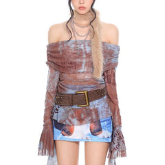 Long sleeve mesh print off shoulder ruched top