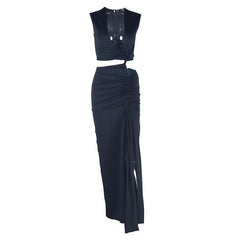 Irregular ruched slit hollow out v neck cut out maxi dress