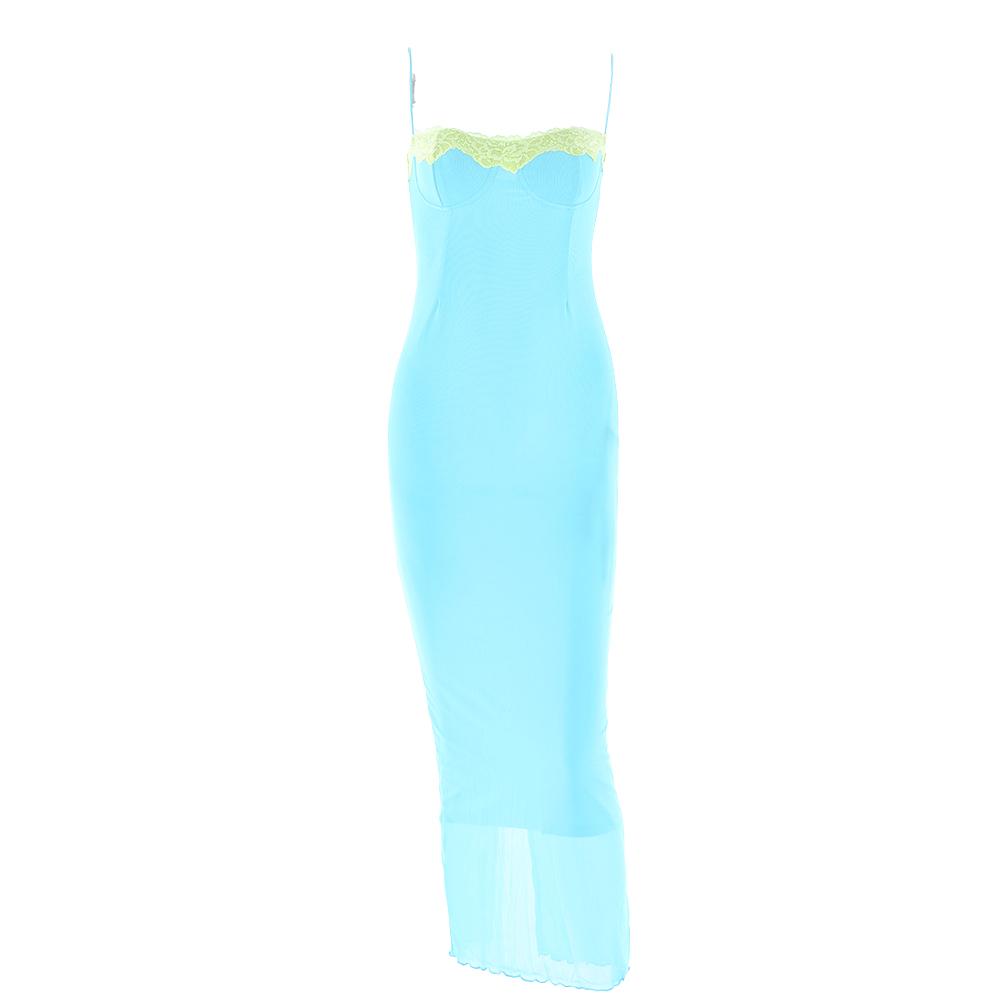 Lace hem patchwork mesh slit cami midi dress