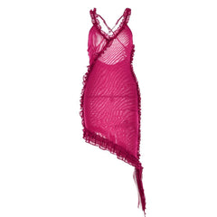 Sheer mesh see through ruffle solid cross back irregular mini dress-final-sale