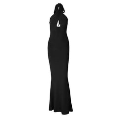 Cross front solid hollow out halter backless 2-way cut out maxi dress-final-sale