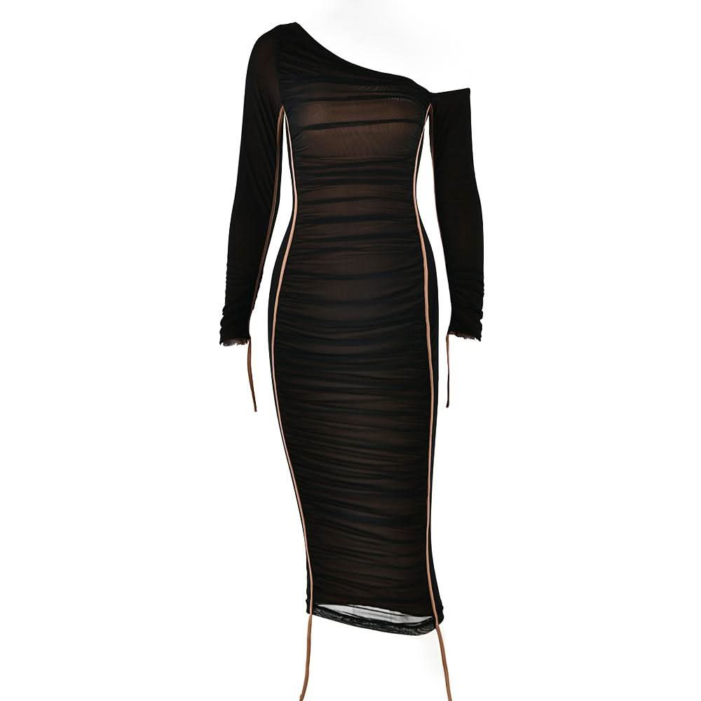 Long sleeve one shoulder ruched stitch mesh midi dress-final-sale