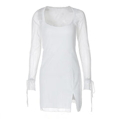 Long sleeve slit mesh square neck mini dress