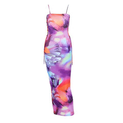 Print lace up backless contrast cami midi dress