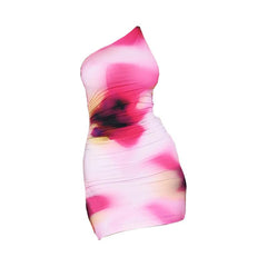One shoulder ruched print gradient mini dress