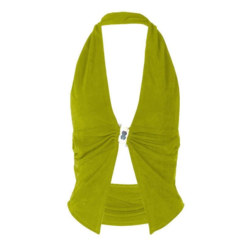 Halter deep V neck beaded ruched slit top