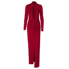 Long sleeve hollow out high slit ruched cut out maxi dress