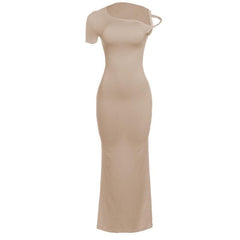 Short sleeve irregular one shoulder maxi dress