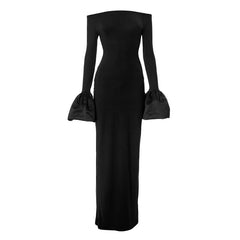 Long flared sleeve off shoulder ruched slit maxi dress-final-sale