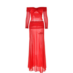 Long sleeve off shoulder sheer mesh maxi skirt set-final-sale