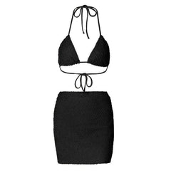 Textured halter self tie v neck solid mini skirt set