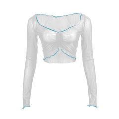 Long sleeve stitch sheer mesh ruffle crop top