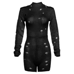 Hollow out long sleeve high neck self tie crochet solid romper-final-sale