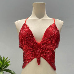 Deep V neck glitter cross back self tie cami top