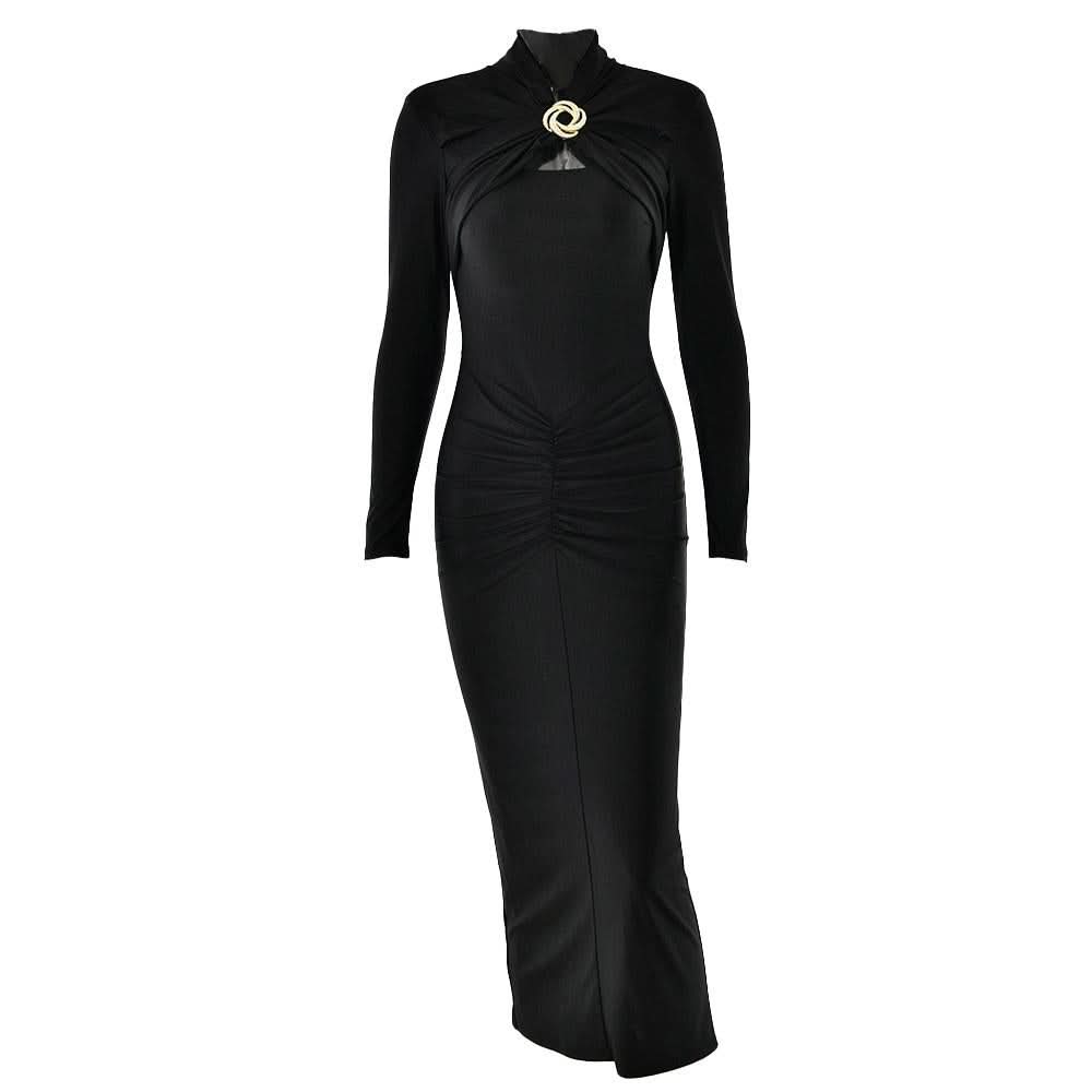 Hollow out long sleeve ruched slit solid cut out midi dress