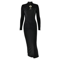 Hollow out long sleeve ruched slit solid cut out midi dress