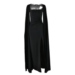 Long sleeve high slit square neck ruched maxi dress