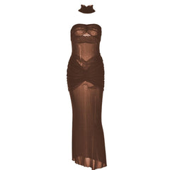 Sweetheart neck ruched see through glitter tube maxi dress