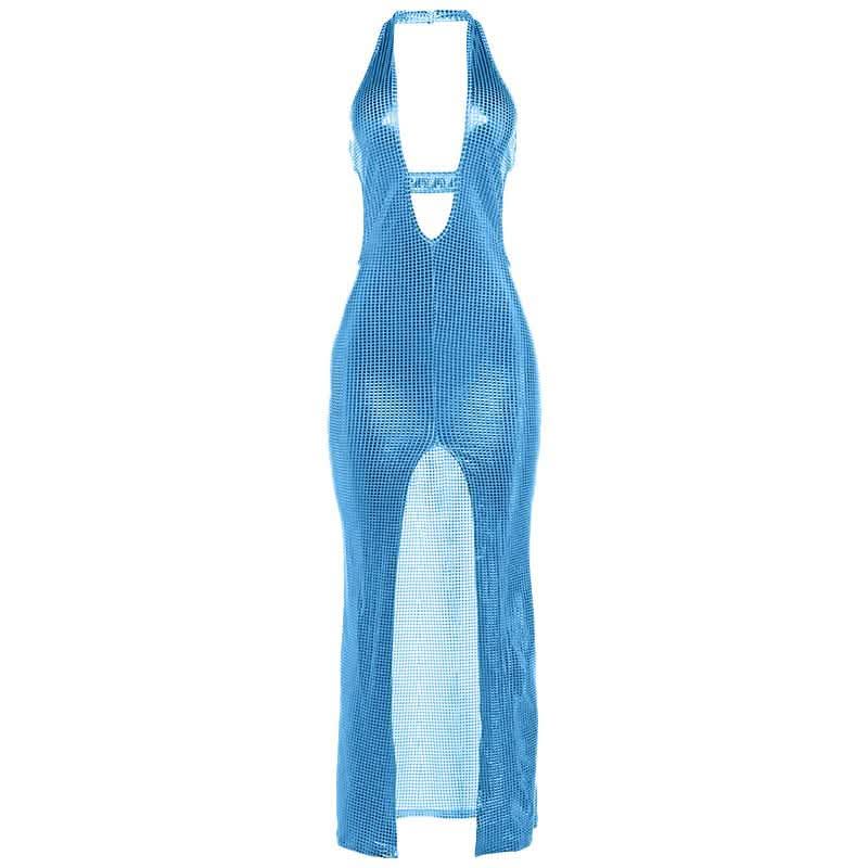 Halter deep V neck slit plaid hollow out cut out maxi dress-final-sale