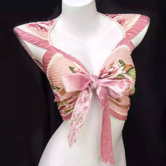 Bowknot ruffle ruched contrast flower print top