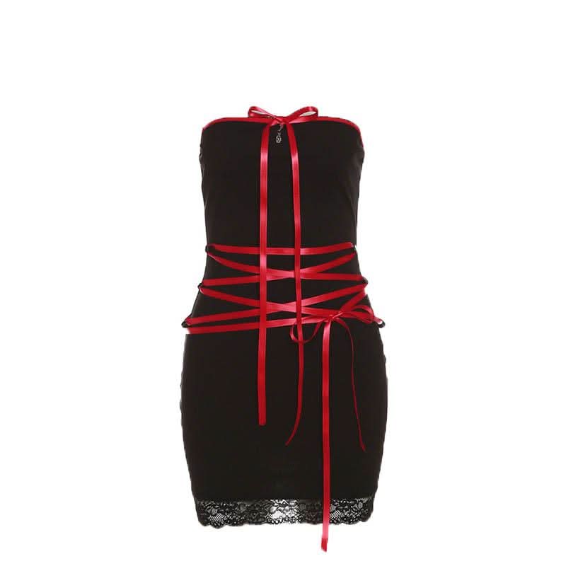 Lace up contrast lace hem bowknot backless tube mini dress-final-sale
