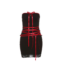 Lace up contrast lace hem bowknot backless tube mini dress-final-sale