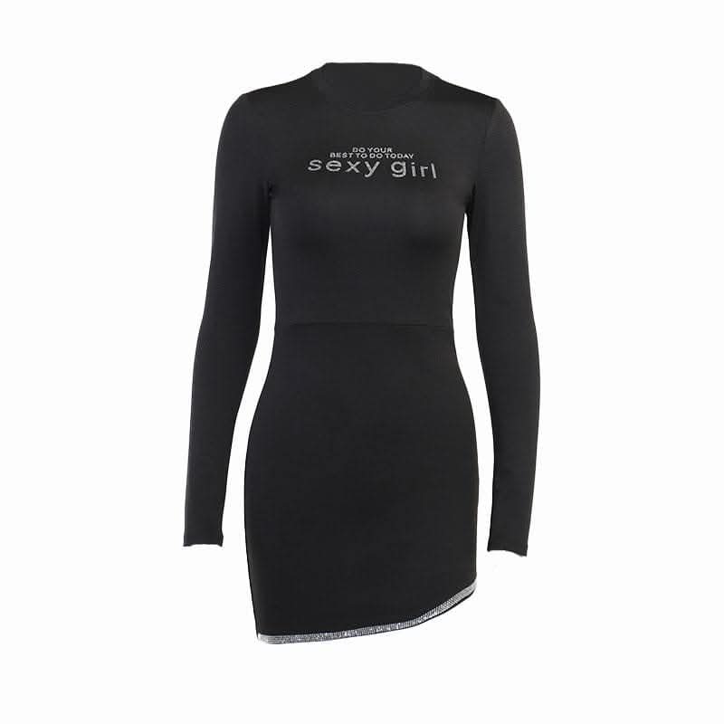 Long sleeve solid beaded sexy girl pattern mini dress-final-sale